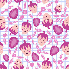 Cute faces strawberry checkered seamless pattern in purple color, childish ornate with fruits for kitchn textile, background or wallpaper, summer vibes for wrapping paper