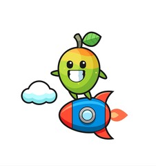 mango mascot character riding a rocket