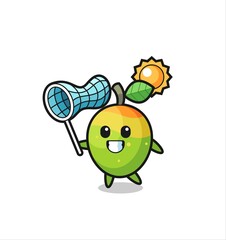 mango mascot illustration is catching butterfly