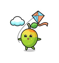mango mascot illustration is playing kite