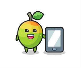mango illustration cartoon holding a smartphone