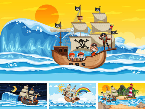 Set of different beach scenes with pirate ship and pirate cartoon character © brgfx