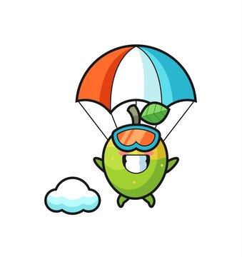 mango mascot cartoon is skydiving with happy gesture