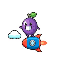 passion fruit mascot character riding a rocket