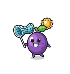 passion fruit mascot illustration is catching butterfly