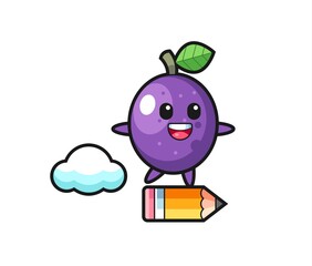 passion fruit mascot illustration riding on a giant pencil