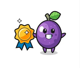 passion fruit mascot illustration holding a golden badge