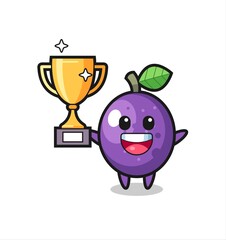 Cartoon Illustration of passion fruit is happy holding up the golden trophy