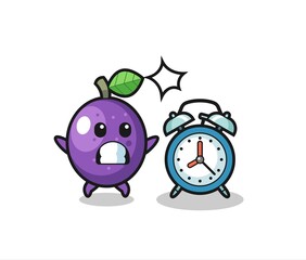 Cartoon Illustration of passion fruit is surprised with a giant alarm clock