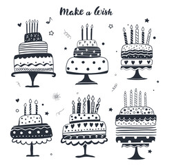 Cake collection, black and white birthday card. Doodle sweet dessert in Scandinavian style. Hand drawn vector illustration