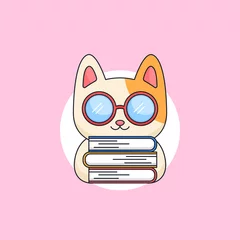 Fotobehang Cute kitten cat wearing geek glasses holding books bookworm animal mascot cartoon vector illustration design © Naufal