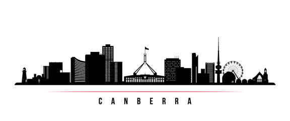 Canberra skyline horizontal banner. Black and white silhouette of Canberra, Australia. Vector template for your design. - obrazy, fototapety, plakaty