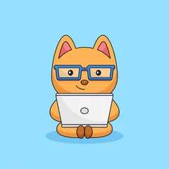 Fotobehang Geek glasses cat working on laptop animal mascot cartoon vector illustration © Naufal