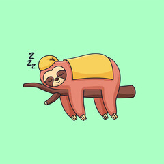 Obraz premium Cute sloth sleeping wearing blanket on twigs animal cartoon vector illustration