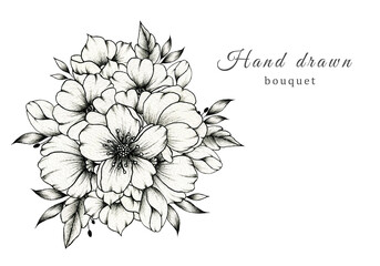Elegant black and white wedding bouquet isolated on white, spring blossom composition, beautiful botanic illustration and black ink floral sketch for cards, greetings, prints, weddings or invites