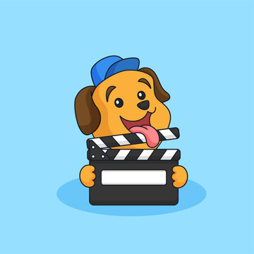 Dog holding movie clapper board for film production animal mascot cartoon logo design vector illustration