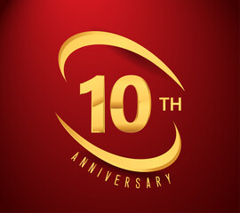 10th years anniversary with swoosh design golden color isolated on red background for celebration