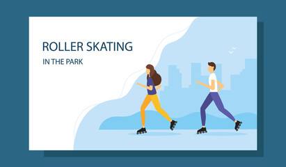 Roller skating in the park vector illustration. Active lifestyle landing page template.
