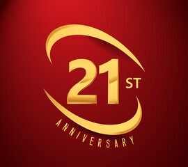 21st years anniversary with swoosh design golden color isolated on red background for celebration