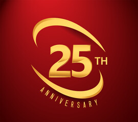 25th years anniversary with swoosh design golden color isolated on red background for celebration