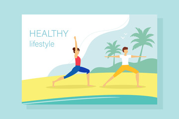 Landing page template vector illustration. Healthy lifestyle concept. Couple man and woman doing yoga on the beach.