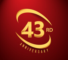 43rd years anniversary with swoosh design golden color isolated on red background for celebration