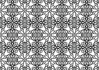 seamless tile with folk style figures and abstract flowers on a white background for coloring, vector