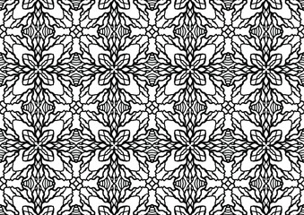 seamless tile with folk style figures and abstract flowers on a white background for coloring, vector