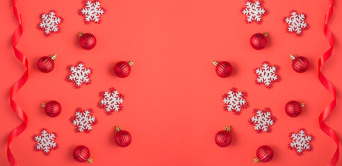 Christmas background with snowflakes, red balls and ribbon