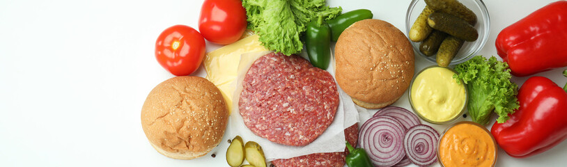 Concept of cooking burger on white background