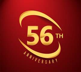 56th years anniversary with swoosh design golden color isolated on red background for celebration