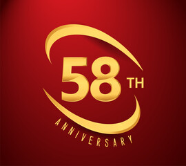 58th years anniversary with swoosh design golden color isolated on red background for celebration