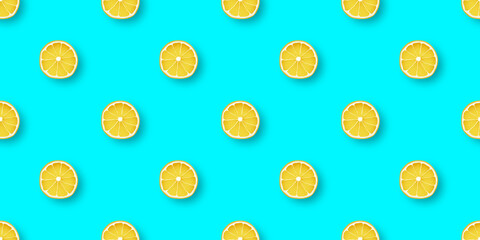 Fresh Citrus Lemon seamless pattern. Lemons on blue background. Vector design template for packaging, labels, showcase, banner.