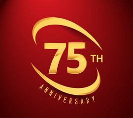 75th years anniversary with swoosh design golden color isolated on red background for celebration