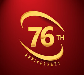 Obraz premium 76th years anniversary with swoosh design golden color isolated on red background for celebration