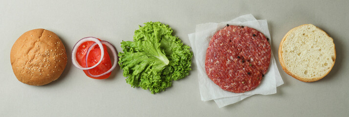 Concept of cooking burger with burger ingredients