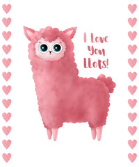 Cute card with a lama on a white background. I love you llots