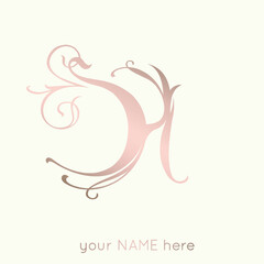 Letter H logo.Calligraphic signature icon.Decorative swirls lettering sign isolated on light background.Alphabet initial.Elegant, luxury, wedding, beauty, spa style.
