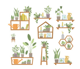 Obraz premium Vector set of trendy flat shelf with plants in pots