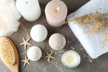 Body care concept with bath balls, top view
