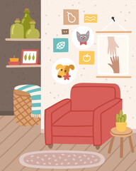 Vector illustration of cozy living room interior and home decorations
