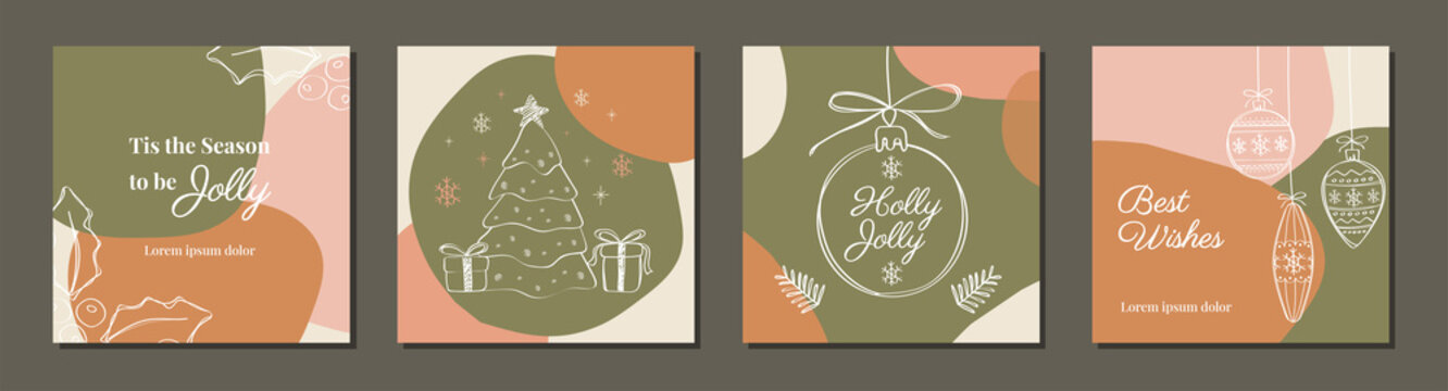 Set of Merry Christmas ornaments square template with vector illustration of christmas tree and christmas balls and decorations for greeting cards, advertising, social media, promotiong and marketing
