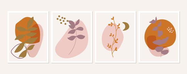 Botanical wall art posters collection. Set of simple leaves branches drawings with abstract shapes in pastel colors. Artistic wildlife nature art. Minimalist modern  background.