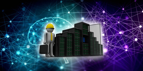 3d illustration Data center server with technician
