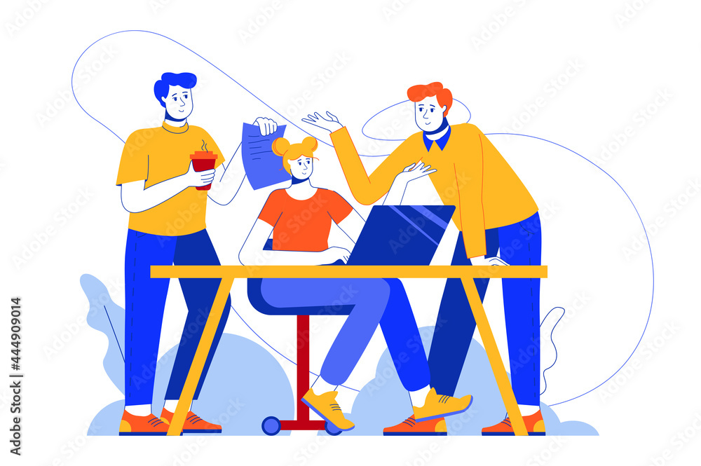 Aufkleber teamwork at office web concept. colleagues working together on tasks, discussing and brainstorming. 