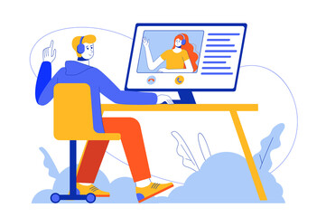 Video chatting web concept. Man and woman in headset talking in video conference, online communication. Vector illustration in minimal flat design for blog, app design, onboarding screen, social media