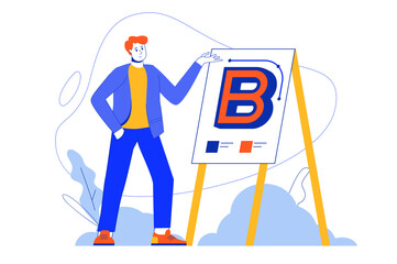 Branding web concept. Man designer develops logo, creates identity for new business, design agency. Vector illustration in minimal flat design for blog, app design, onboarding screen, social media