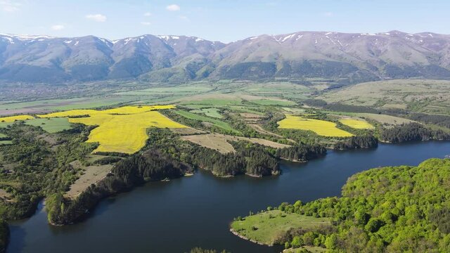 Aerial view of Dushantsi Reservoir, Sredna Gora Mountain, Sofia Region, Bulgaria