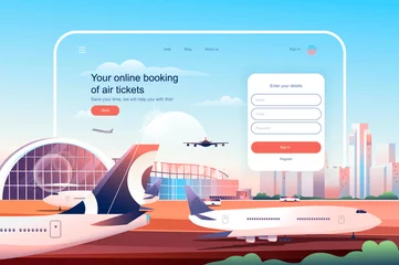 Fotobehang Online booking at air tickets concept. Airplane ticket reservation service website layout. International tourism and travel, go on vacation. Vector illustration in flat design for landing page © alexdndz