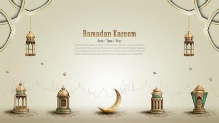 islamic greetings ramadan kareem card design background with lanterns and crescent moon